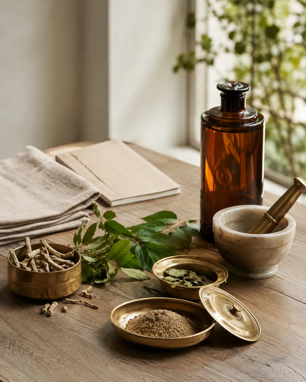 Ayurvedic herbal roots, medicated oil and brass vessels laid out for a consultation
