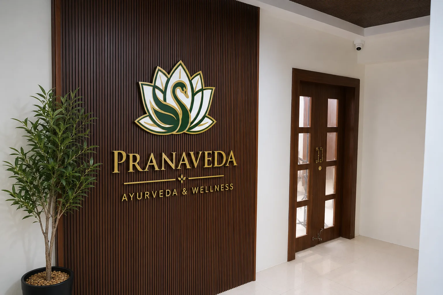 PranaVeda entrance with the lotus-swan wordmark