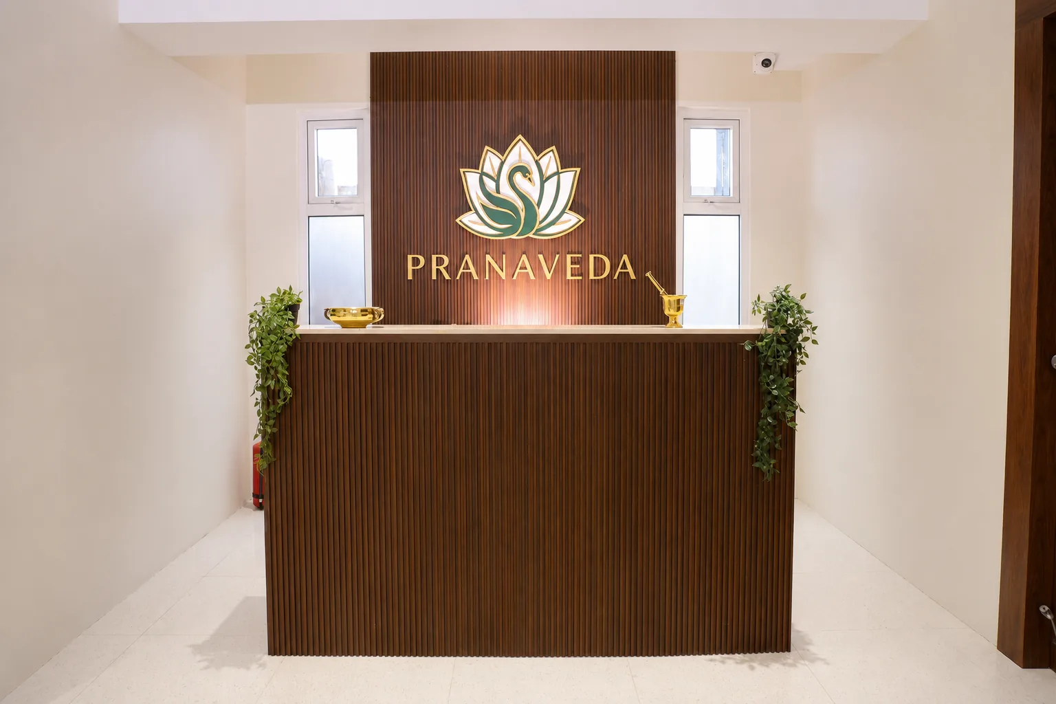 Front reception desk with the PranaVeda mark