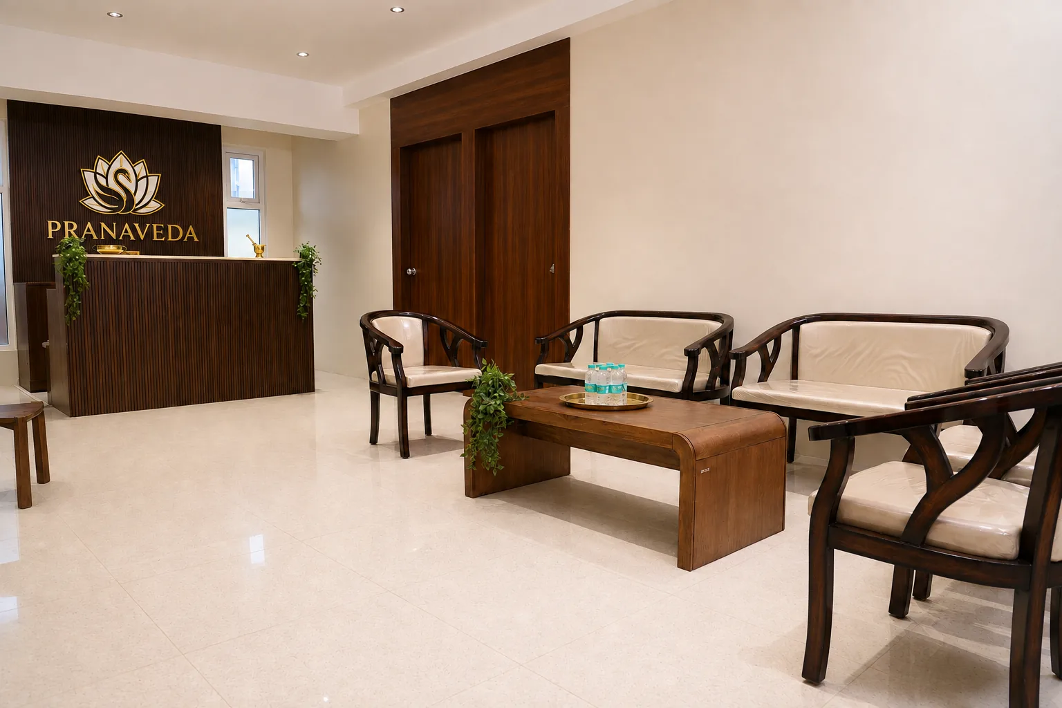 Reception and waiting lounge with wooden seating